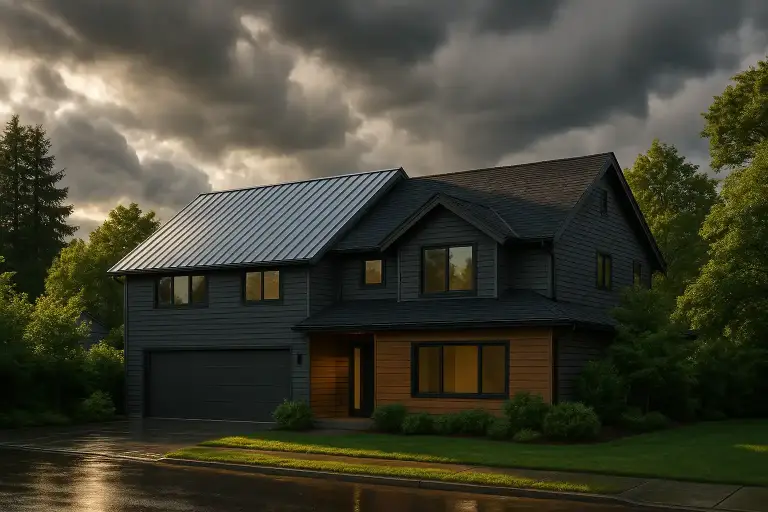 A-modern-suburban-house-in-Seattle-under-dramatic-cloudy-skies-with-one-half-of-the-roof-made-of-shiny-standing-seam-metal-and-the-other-half-made-of-dark-asphalt-shingles-lush-green-trees-around