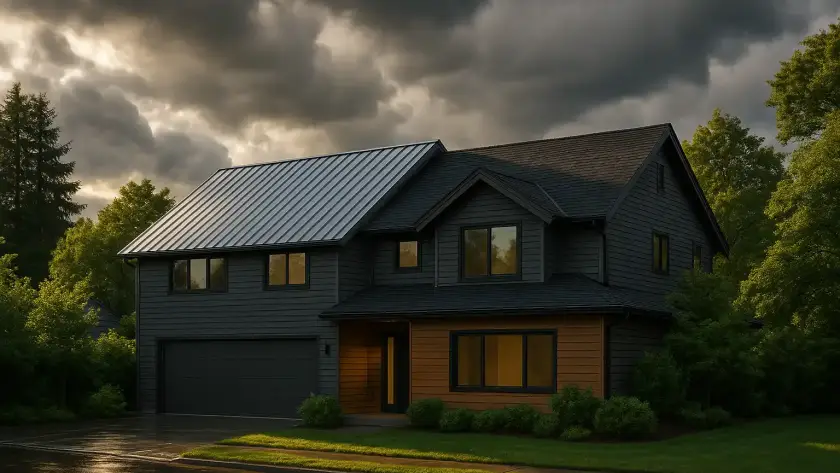 A-modern-suburban-house-in-Seattle-under-dramatic-cloudy-skies-with-one-half-of-the-roof-made-of-shiny-standing-seam-metal-and-the-other-half-made-of-dark-asphalt-shingles-lush-green-trees-around