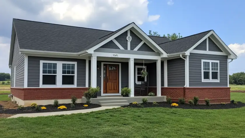 A front door and covered porch detail on a home