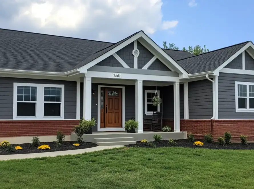 A front door and covered porch detail on a home