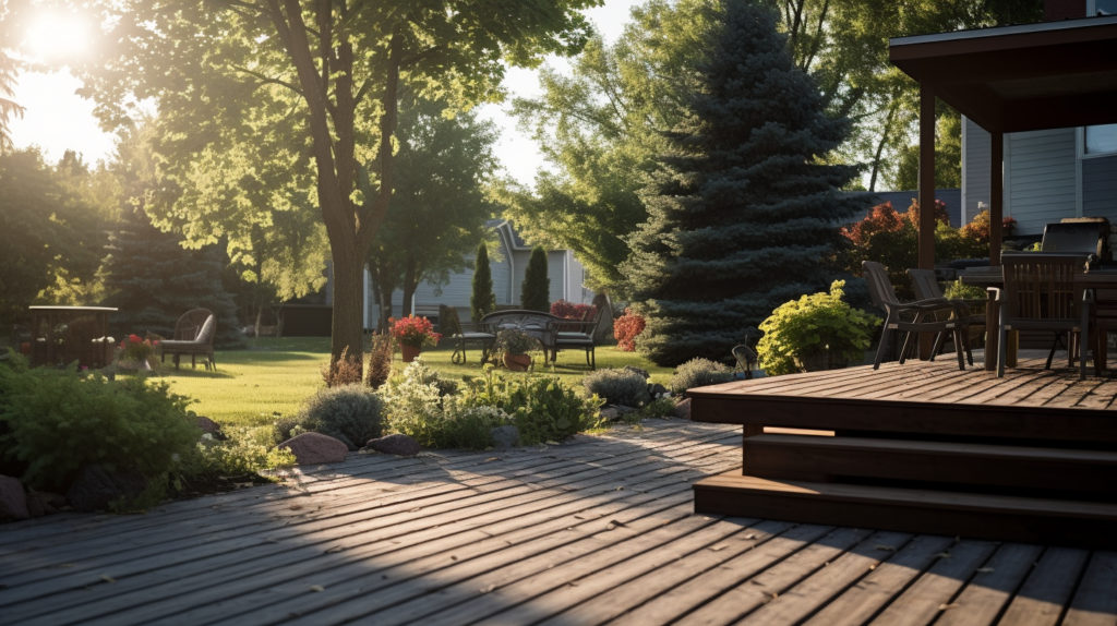 full scene of a landscaped back yard with a deck