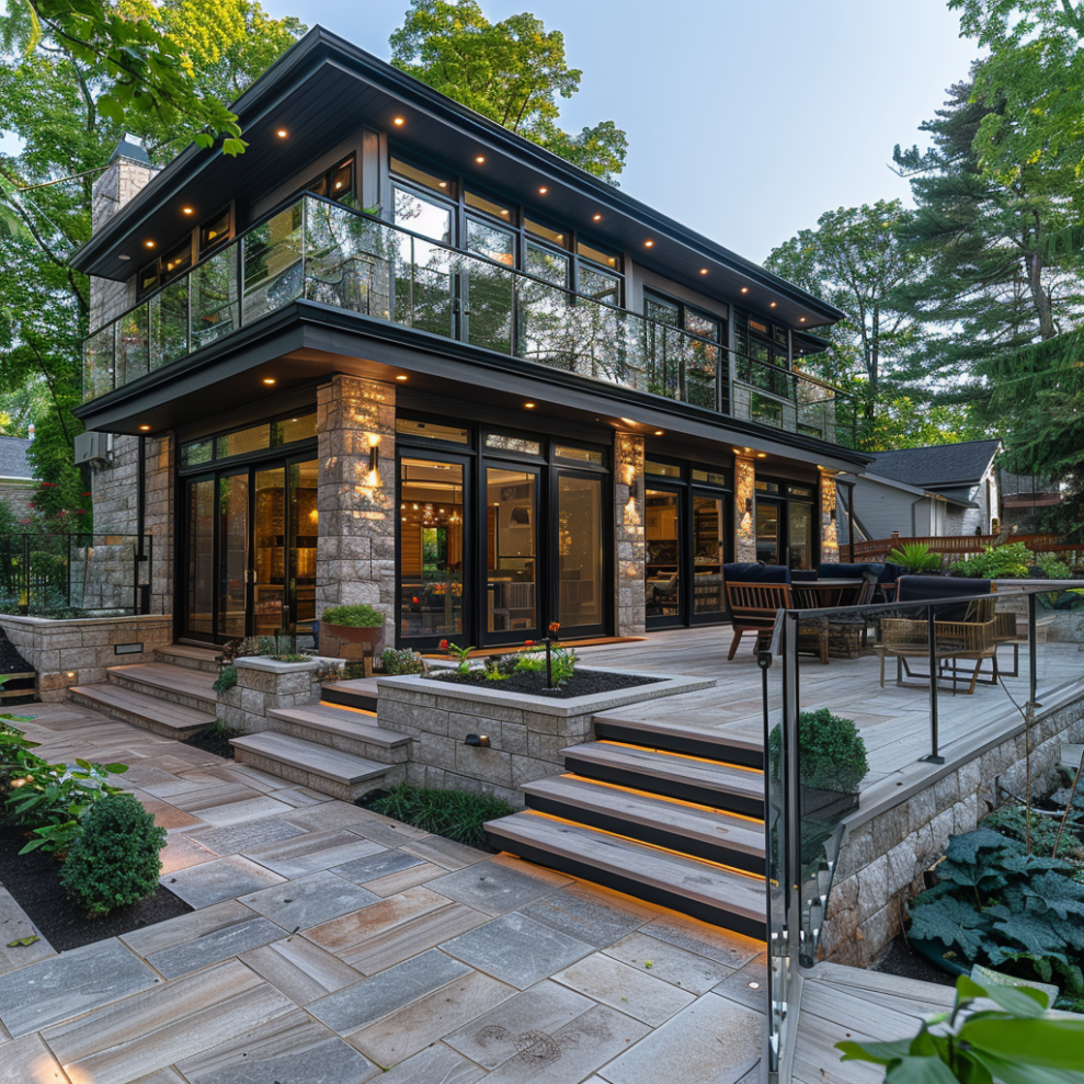 long narrow back yard with 3 decks stepping