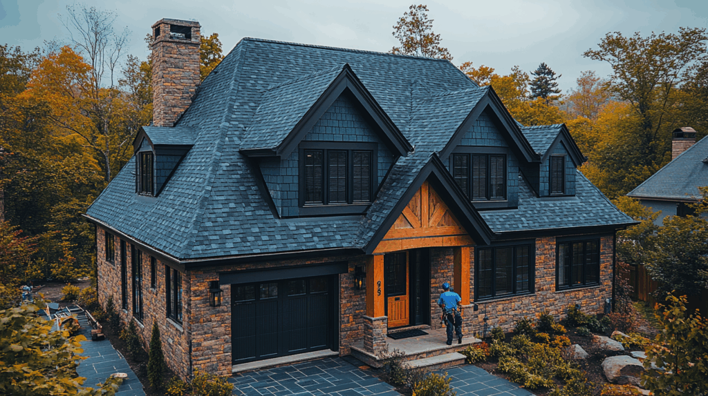 realistic photograph of roofing installer