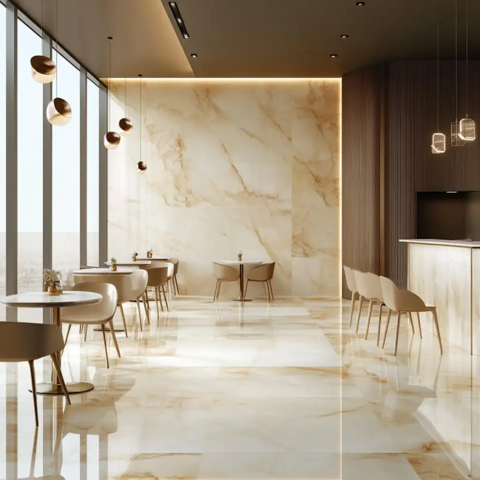 kriskerehona an empty modern cafe with floor tiles of white