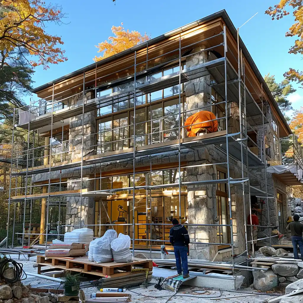 view of the house from outside during renovation with scaffolding and workers