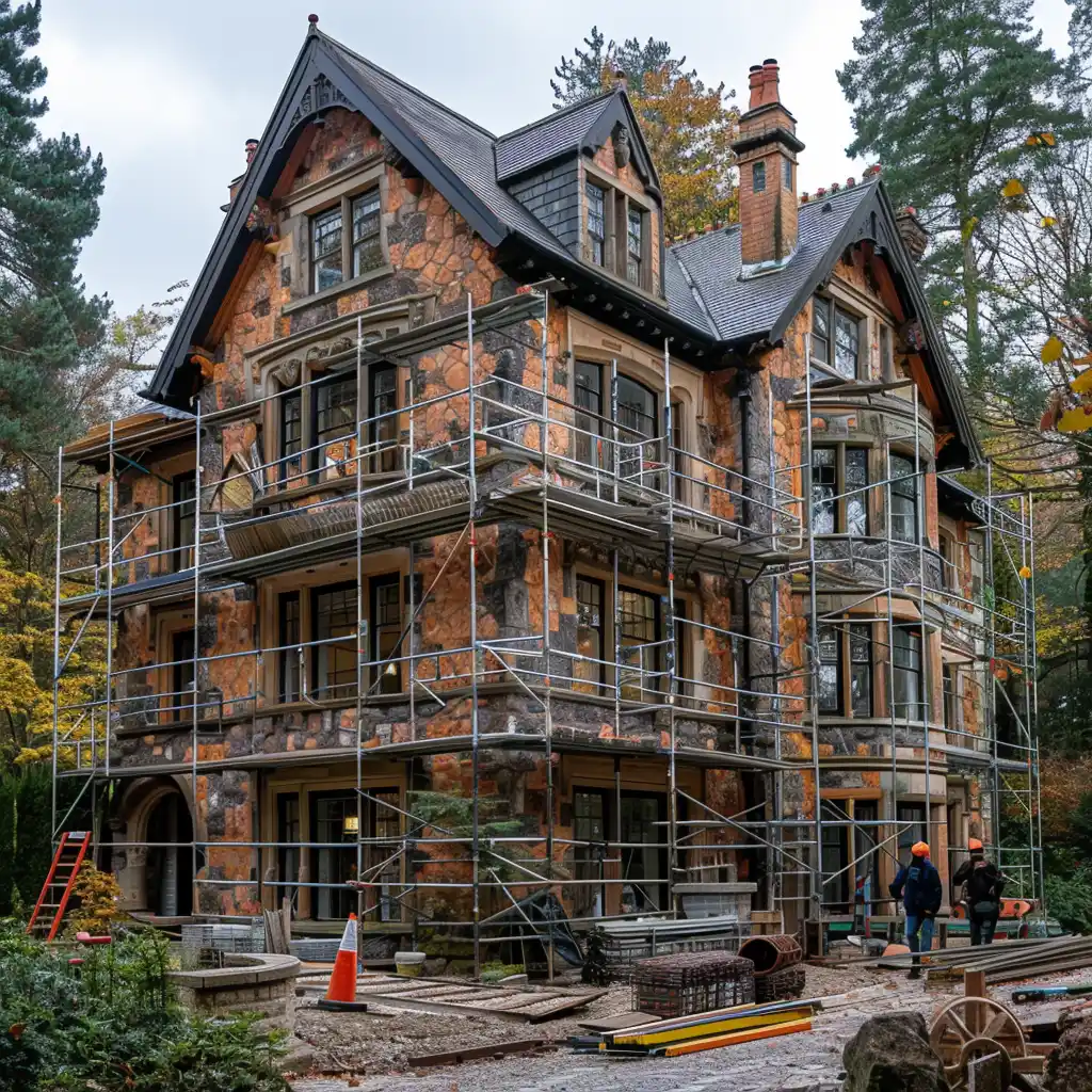 view of the house from outside during renovation with scaffolding and workers