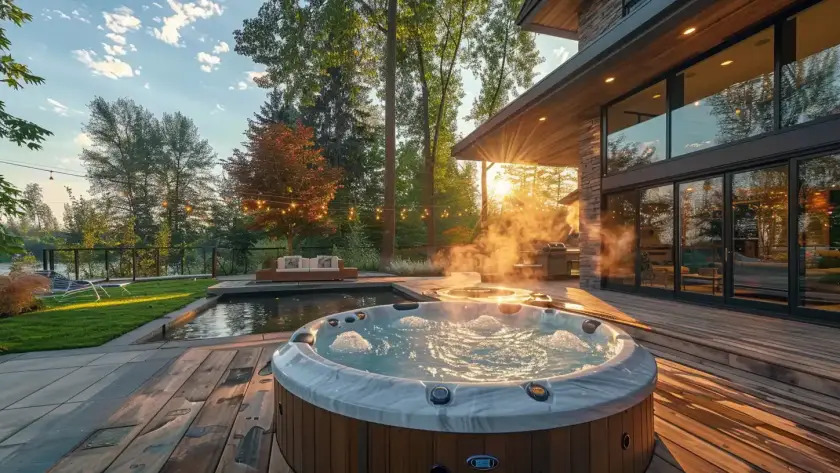 Beautiful completed wooden deck with luxury hot tub installed
