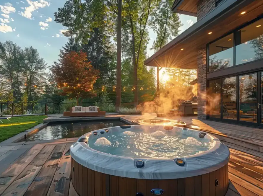 Beautiful completed wooden deck with luxury hot tub installed