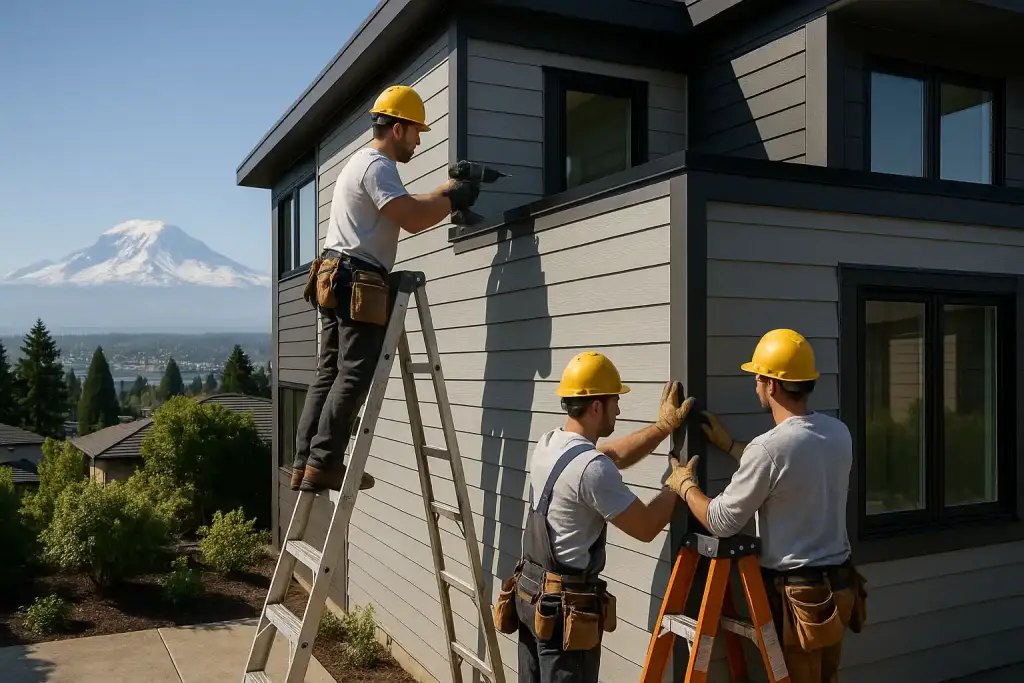 Professional construction workers installing modern vinyl siding on a contemporary Seattle-area home, with Mount Rainier visible in the background, high-quality photography, realistic lighting