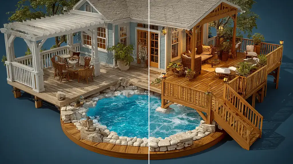 Comparison split screen: prefab hot tub surround vs. custom-built elevated deck — infographic style