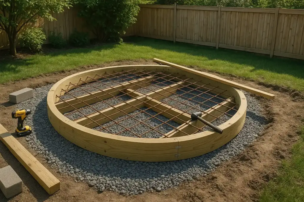 Construction of a reinforced deck base for outdoor hot tub installation — realistic, step-by-step perspective, daytime