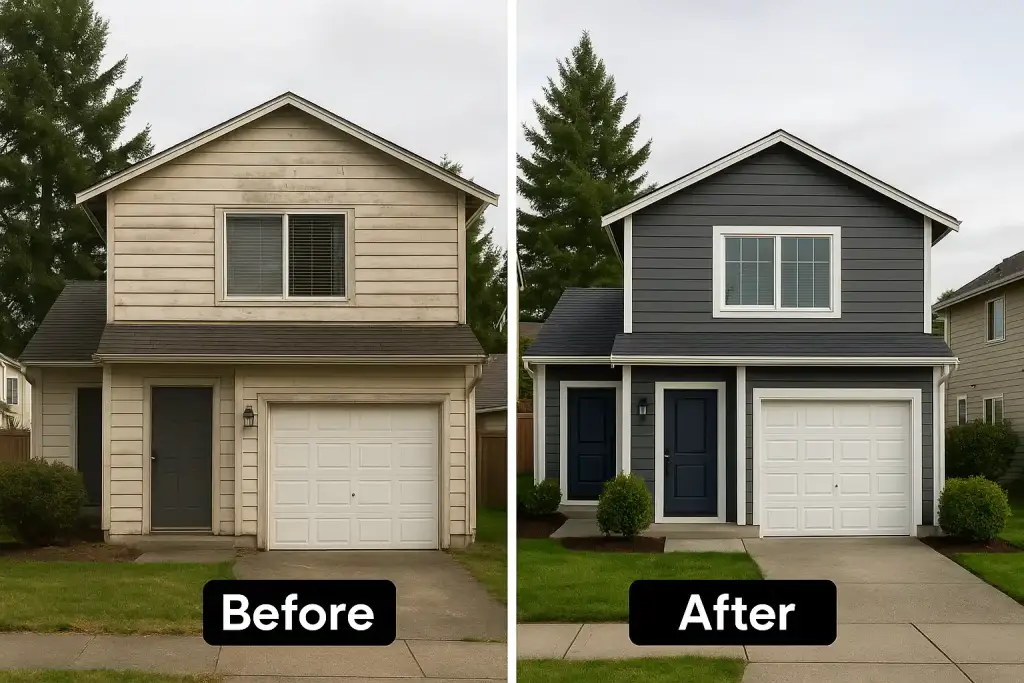 Split image showing a Seattle home before and after siding installation, dramatic improvement in curb appeal, residential neighborhood setting, natural lighting