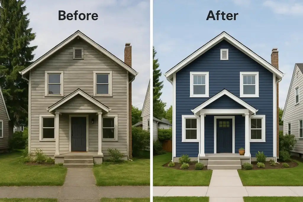 Split image showing a Seattle home before and after siding installation, dramatic improvement in curb appeal, residential neighborhood setting, natural lighting