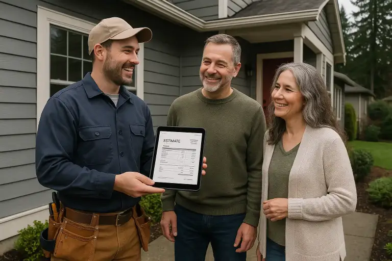 Professional siding contractor in work clothes showing digital tablet with estimate to homeowners in front of a house, friendly consultation scene, Pacific Northwest setting