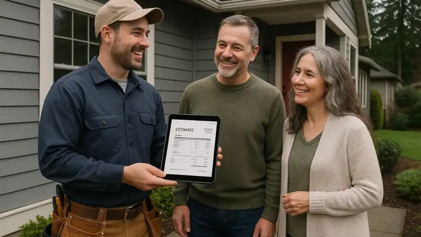 Professional siding contractor in work clothes showing digital tablet with estimate to homeowners in front of a house, friendly consultation scene, Pacific Northwest setting
