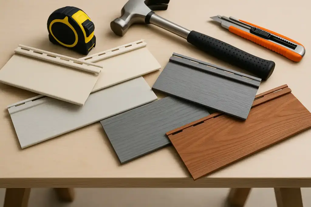 Various siding material samples including vinyl, fiber cement, and wood siding laid out on a contractor's table with tools, professional product photography, clean background