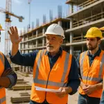 Experienced construction team meeting on site, mixed age group of professionals, hard hats and safety vests, building plans spread on table, serious discussion, professional atmosphere