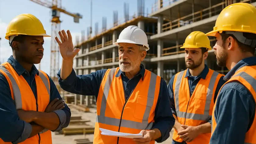Experienced construction team meeting on site, mixed age group of professionals, hard hats and safety vests, building plans spread on table, serious discussion, professional atmosphere