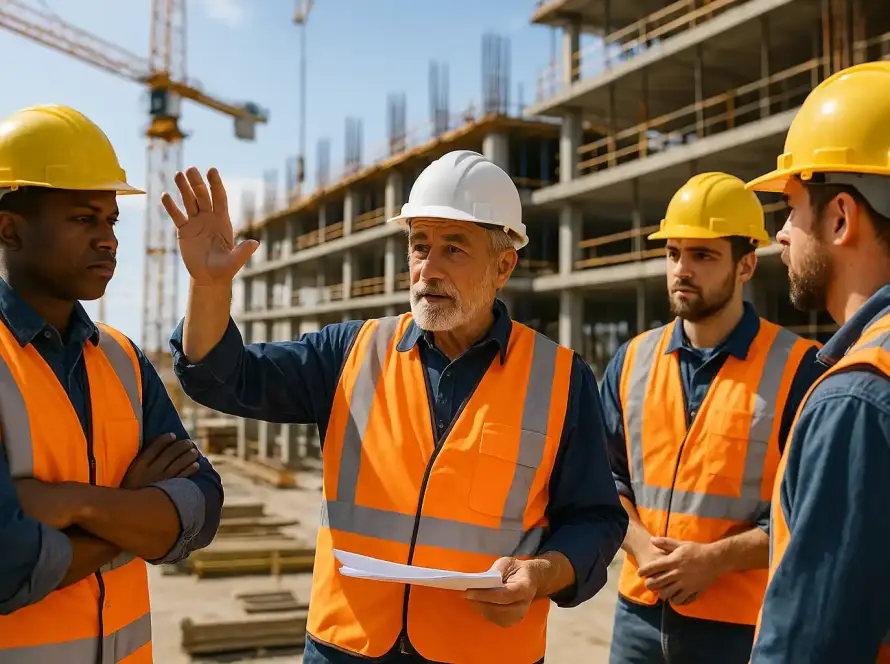 Experienced construction team meeting on site, mixed age group of professionals, hard hats and safety vests, building plans spread on table, serious discussion, professional atmosphere